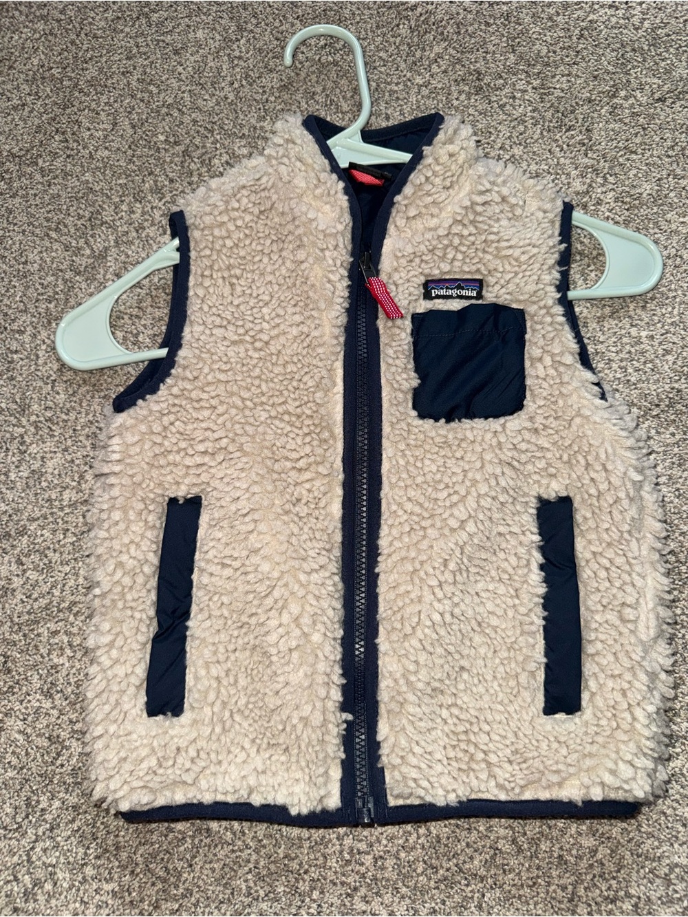 Patagonia Kids Cream Sherpa Vest with Navy Trim and Pocket